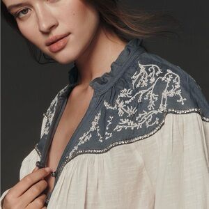 Anthropologie Blue and Cream Embroidered Blouse